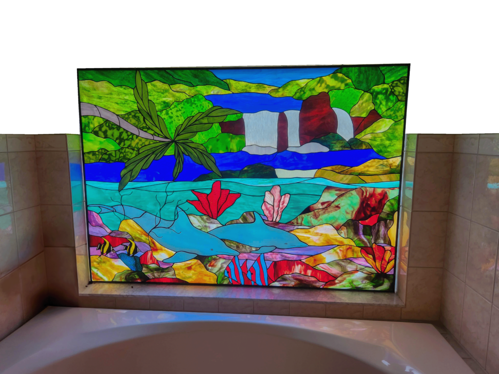 Custom bathroom stained glass nature and water and wildlife stained glass